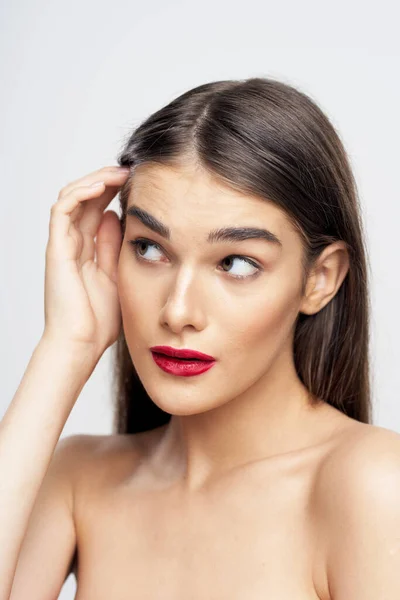 Portrait Jeune Belle Femme Avec Rouge Lèvres Rouge Sur Ses — Photo