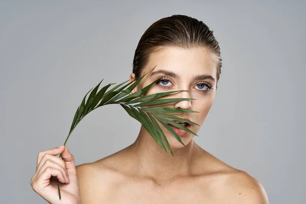 Joven Modelo Hermosa Posando Con Hoja Estudio —  Fotos de Stock