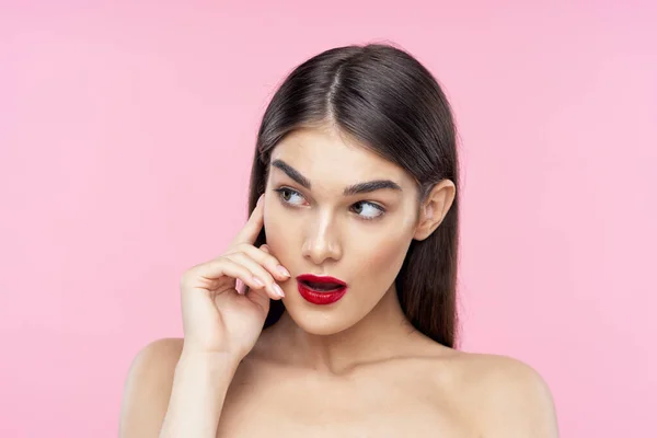 Portrait Jeune Belle Femme Avec Rouge Lèvres Rouge Sur Ses — Photo