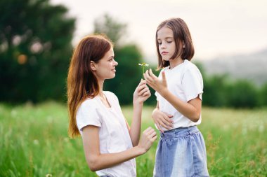 Genç anne ve kızı papatya tarlasında eğleniyorlar.
