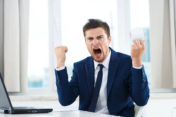 Yong Handsome Angry Businessman Sitting Office Laptop — Stock Photo, Image