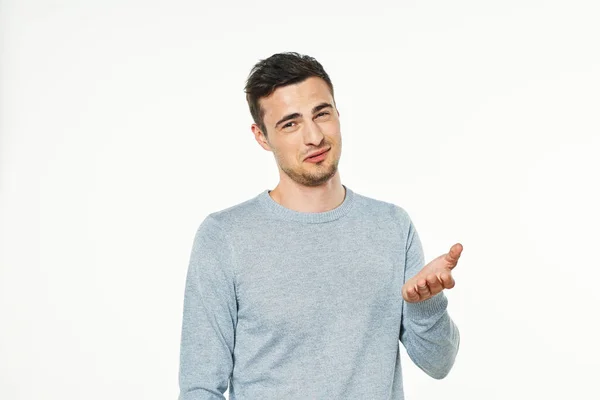 Young Handsome Man Showing Something Studio Isolated Background — Stock Photo, Image