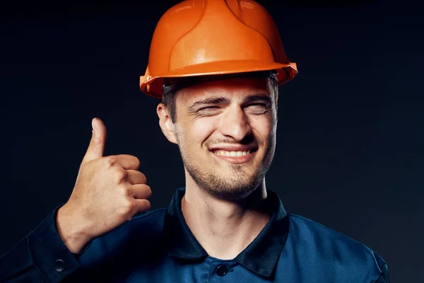Studio Shot Industrial Worker Orange Helmet Thumb — Stock Photo, Image