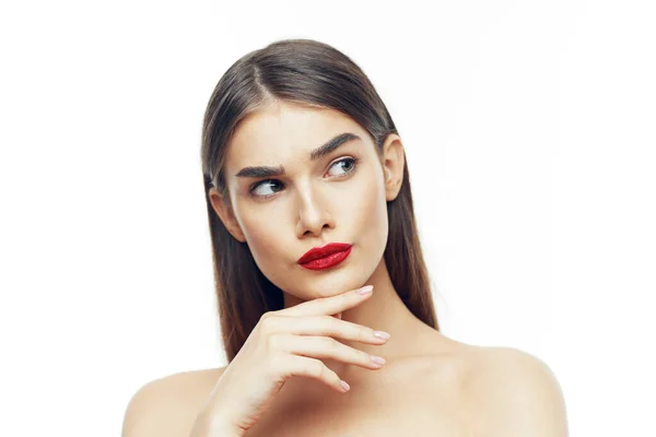 Porträtt Ung Vacker Kvinna Med Rött Läppstift Läpparna Skönhet Mode — Stockfoto