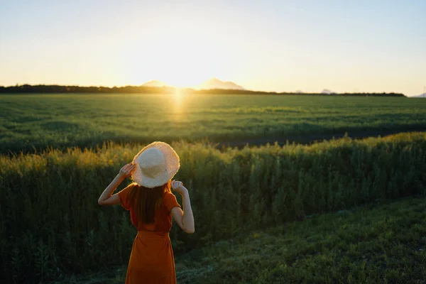 Jovem Posando Campo Trigo Pôr Sol — Fotografia de Stock