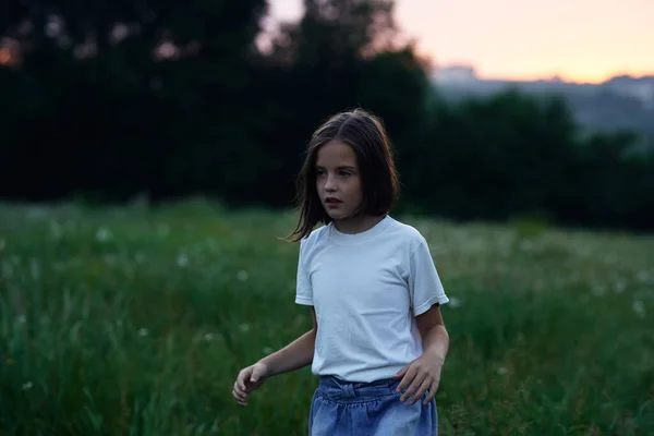 Mladý Roztomilý Dívka Baví Louce — Stock fotografie