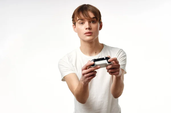 Jonge Knappe Man Met Joystick Spelen Spel — Stockfoto