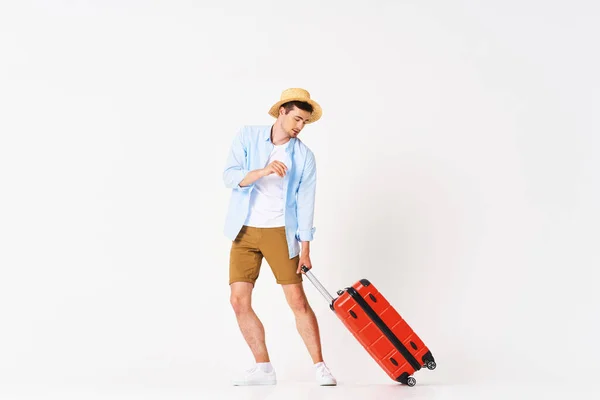 Young Man Red Suitcase Studio — Stock Photo, Image