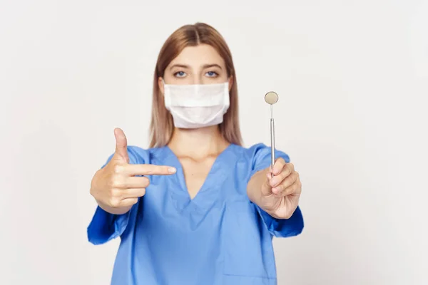 Young Doctor Showing Dental Mirror Isolated White Background — Stock Photo, Image