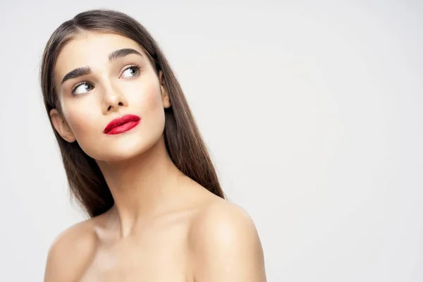 Retrato Jovem Mulher Bonita Com Batom Vermelho Nos Lábios Beleza — Fotografia de Stock