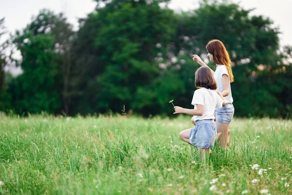 若いです母と彼女の娘持っています楽しいです上のカモミールフィールド — ストック写真