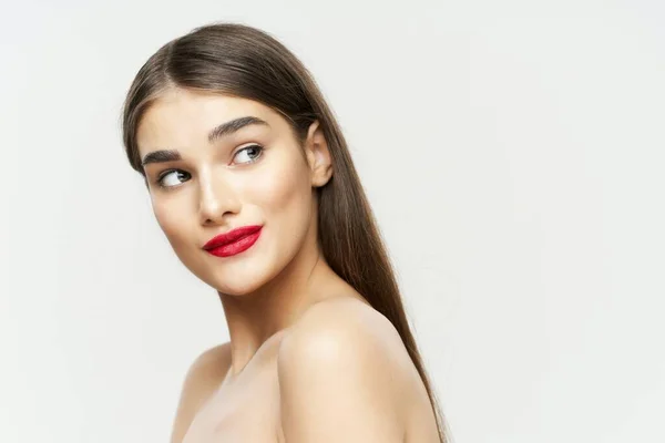 Retrato Jovem Mulher Bonita Com Batom Vermelho Nos Lábios Beleza — Fotografia de Stock