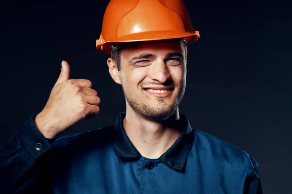 Studio Shot Industrial Worker Orange Helmet Thumb — Stock Photo, Image