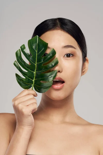 Retrato Joven Mujer Asiática Con Hoja —  Fotos de Stock