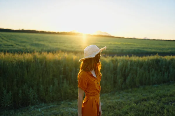 Junge Frau Posiert Bei Sonnenuntergang Auf Einem Weizenfeld — Stockfoto
