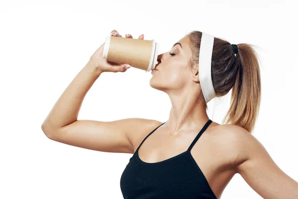 Grabado Estudio Mujer Forma Joven Sosteniendo Taza Aislado Blanco —  Fotos de Stock