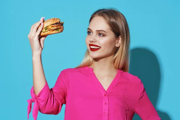 Woman Holding Hamburger Studio — Stock Photo, Image