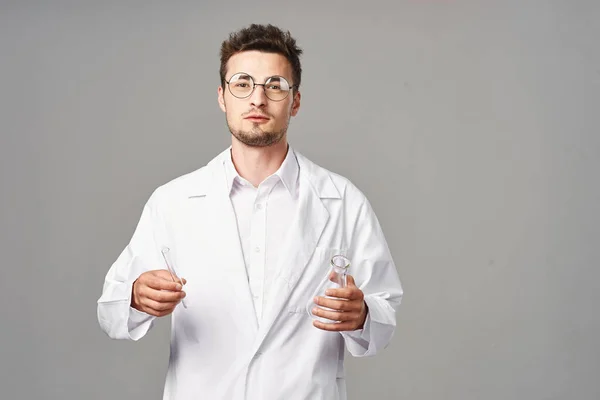 Studio Shot Young Doctor Lab Glasses Coat Test Tubes — Stock Photo, Image