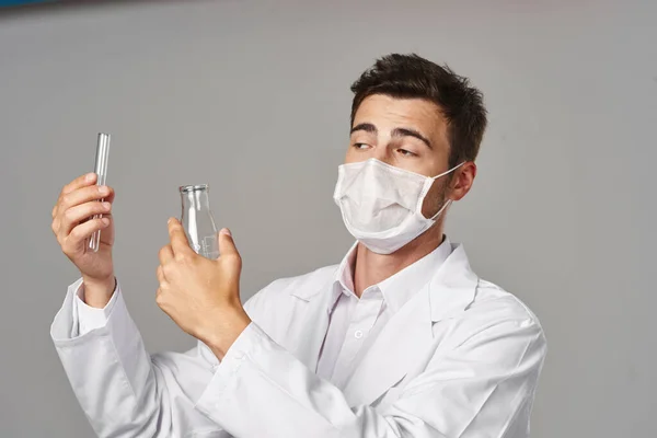 Studio Shot Young Doctor Lab Coat Face Mask Test Tubes — Stock Photo, Image