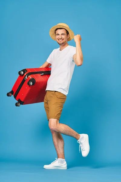 Young Man Red Suitcase Studio — Stock Photo, Image
