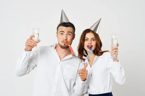 Portret Van Jong Mooi Paar Vieren Verjaardag Met Champagne — Stockfoto