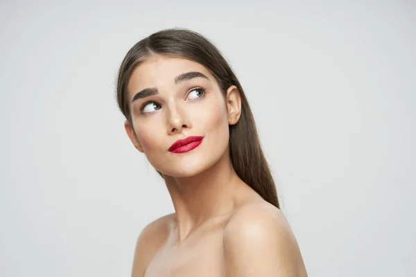 Portrait Jeune Belle Femme Avec Rouge Lèvres Rouge Sur Ses — Photo