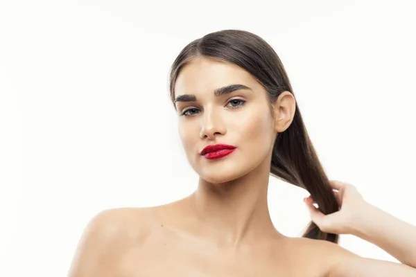 Portrait Jeune Belle Femme Avec Rouge Lèvres Rouge Sur Ses — Photo