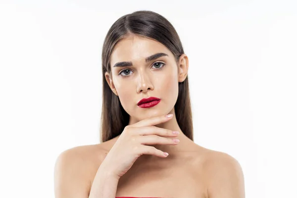 Retrato Una Joven Hermosa Mujer Con Lápiz Labial Rojo Los — Foto de Stock