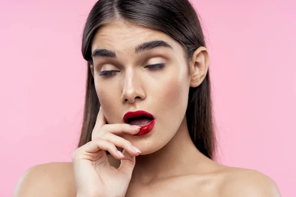 Portrait Jeune Belle Femme Avec Rouge Lèvres Rouge Sur Ses — Photo