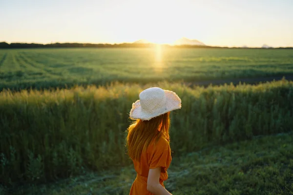 Jovem Posando Campo Trigo Pôr Sol — Fotografia de Stock