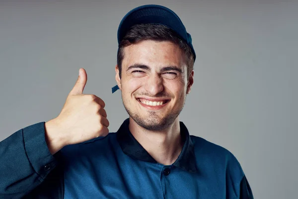 Studio Shot Portrait Young Handsome Worker Thumb Gesture — Stock Photo, Image