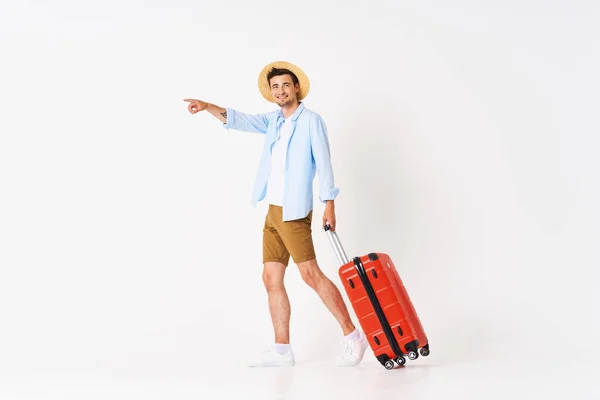 Young Man Red Suitcase Studio — Stock Photo, Image