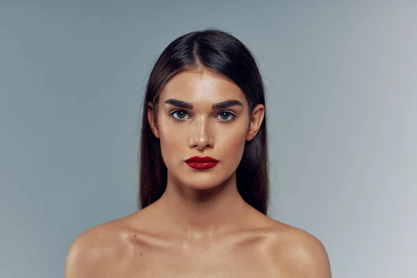 Portrait Jeune Belle Femme Avec Rouge Lèvres Rouge Sur Ses — Photo