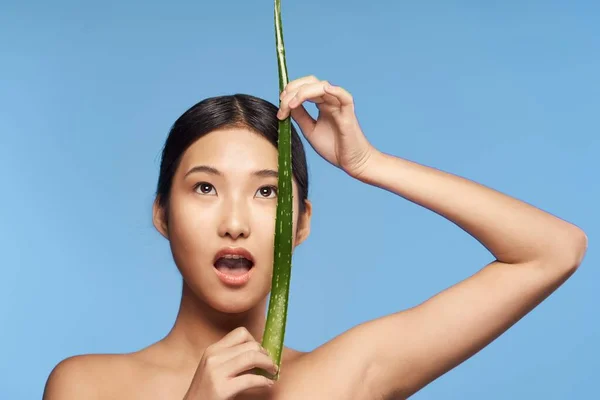 Junge Hübsche Asiatische Frau Posiert Mit Aloe Vera Blatt — Stockfoto