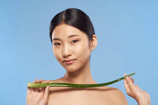 Joven Hermosa Mujer Asiática Posando Con Aloe Vera Hoja —  Fotos de Stock