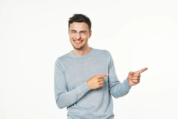 Young Man Pointing Isolated White Background — Stock Photo, Image