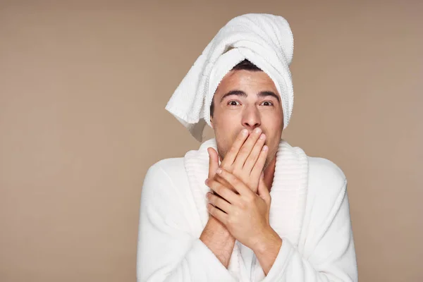 Studio Shot Young Handsome Surprised Man Bathrobe — Stock Photo, Image