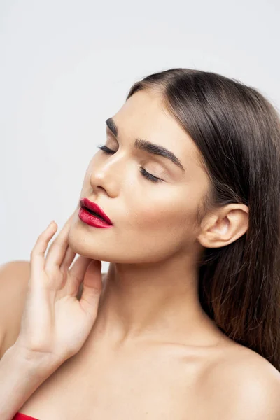 Portrait Jeune Belle Femme Avec Rouge Lèvres Rouge Sur Ses — Photo