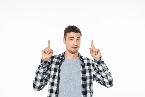 Young Man Pointing Studio Isolated White Background — Stock Photo, Image