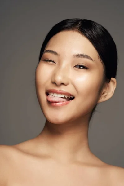 Studio Shot Young Asian Woman Showing Tongue — Stock Photo, Image