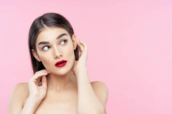 Portrait Jeune Belle Femme Avec Rouge Lèvres Rouge Sur Ses — Photo