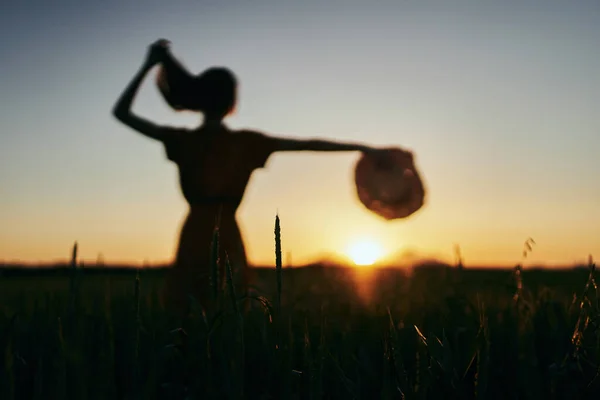 Jovem Posando Campo Trigo Pôr Sol — Fotografia de Stock