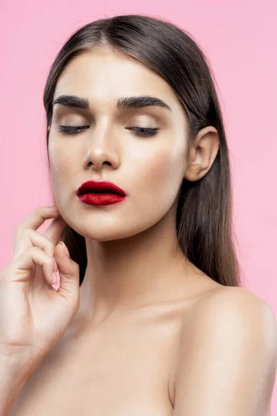 Portrait Jeune Belle Femme Avec Rouge Lèvres Rouge Sur Ses — Photo