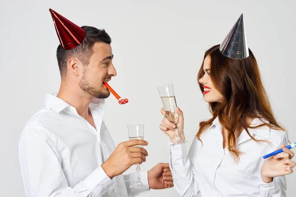 Portrait Young Beautiful Couple Celebrating Birthday Champagne — Stock Photo, Image