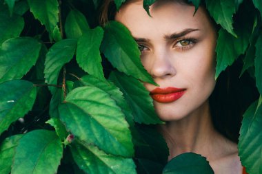 Yüzünde yapraklarla poz veren genç ve güzel bir kadın.