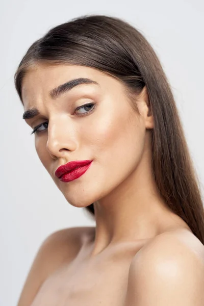 Portrait Young Beautiful Woman Red Lipstick Her Lips Beauty Fashion — Stock Photo, Image