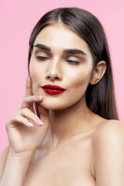 Portrait Jeune Belle Femme Avec Rouge Lèvres Rouge Sur Ses — Photo