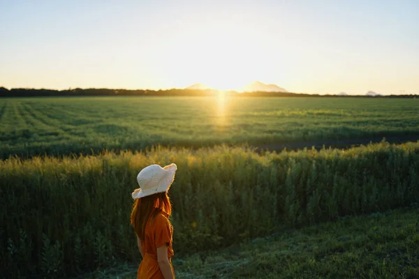 Jovem Posando Campo Trigo Pôr Sol — Fotografia de Stock