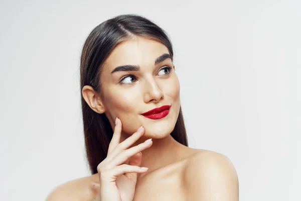 Portrait Jeune Belle Femme Avec Rouge Lèvres Rouge Sur Ses — Photo