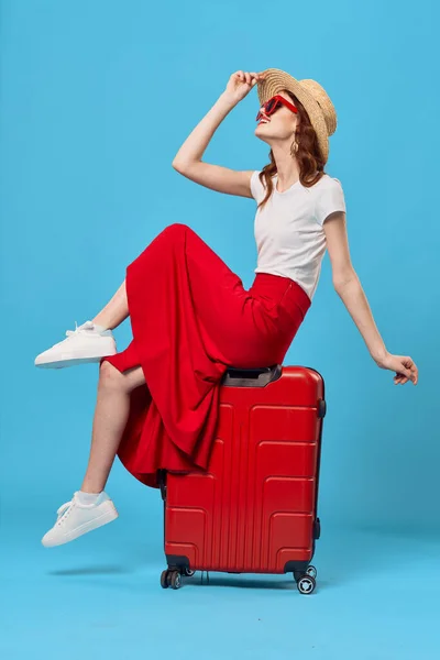 Young Woman Red Suitcase Studio — Stock Photo, Image